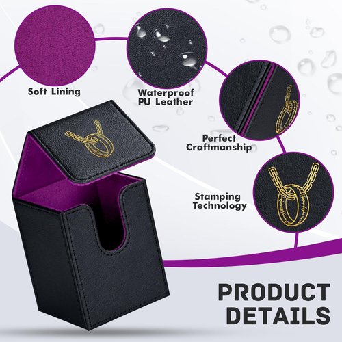 ZLCA Card Deck Box for MTG Cards with 2 Dividers, Card Storage Box Fits 100+ Single Sleeved Cards, PU Leather TCG Card Deck Case Holder for Magic Commander Yugioh (Black&Purple,Ring)