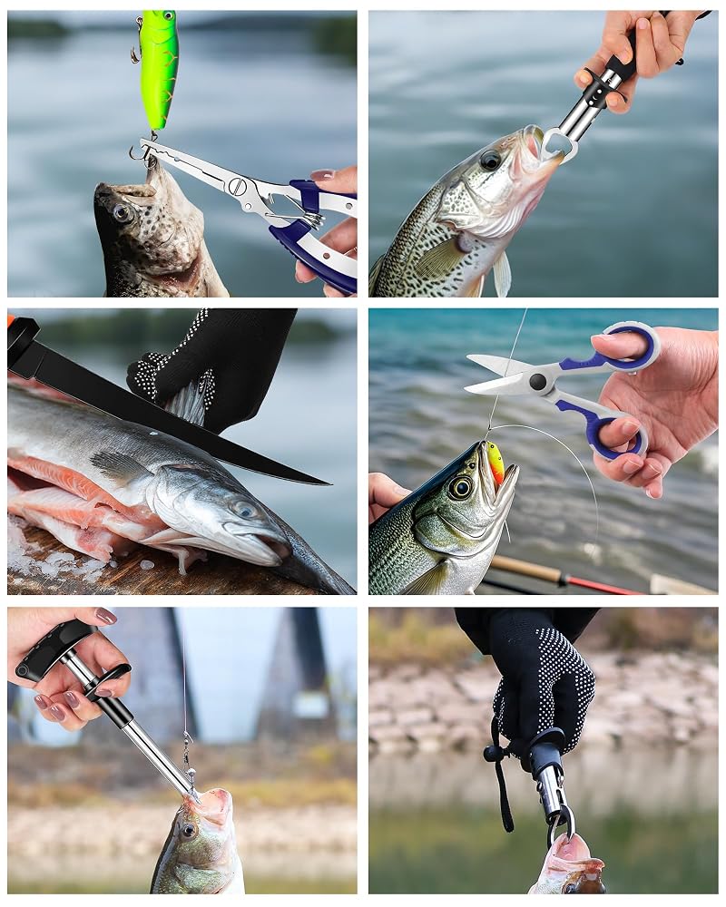 Fishing Tool Kit 9pcs: Fish Lip Gripper, Pliers, Towel & Gloves - Saltwater/Kid Safe