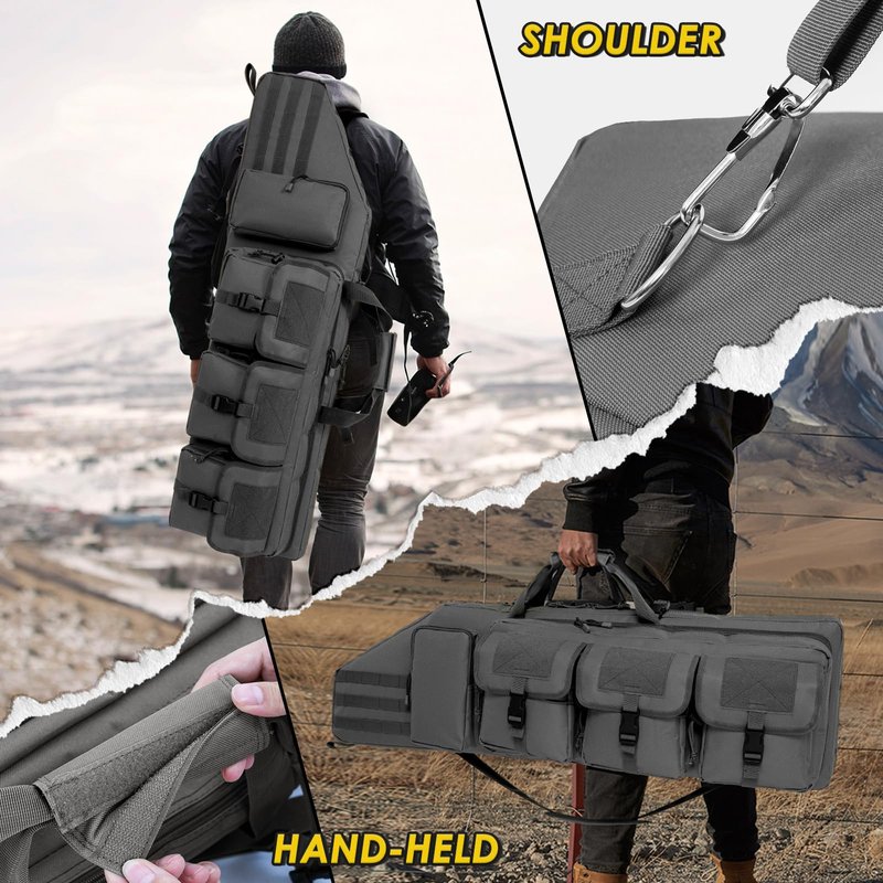 DULCE DOM Double Rifle Case 42'' Soft Gun Bag Tactical Backpack with Movable Divider for Hunting Shooting Range, MOLLE System Multiple Magazine Pouches & Accessory Bags (GREY)