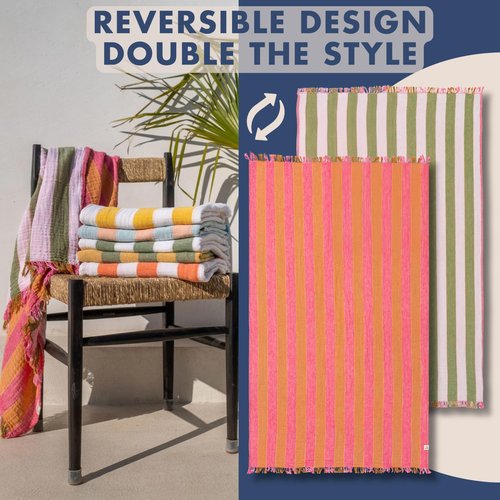 Cabana Striped Gauze Turkish Beach Towel - Large 36 x 69 | Quick Dry Beach Towel Blends Retro Style with Everyday Beach Comfort | Sand Free Design for a Clean, Carefree Day in The Sun (Pink)