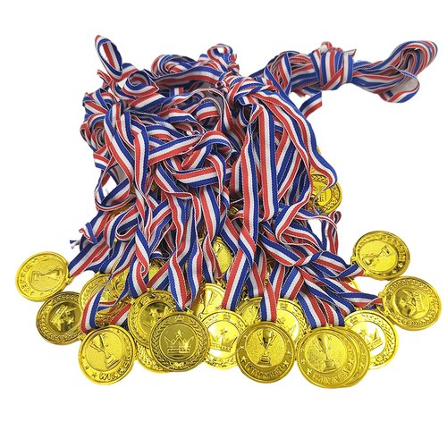 30 Pcs Gold Winner Medals Bulk for Kids, Trophy Team Prize Gifts, Children's Plastic Golden Awards Medals with Neck Ribbon for Sports, Games Competitions, Party Favors and Decorations
