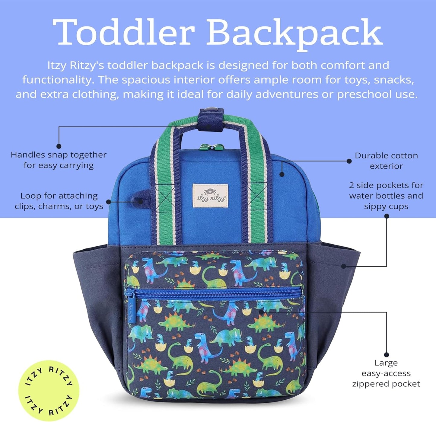 Itzy Ritzy Toddler Backpack - Daycare Bag - Features Adjustable Shoulder Straps, 2 Side Pockets & Spacious Interior with Wipeable Fabric Lining & Name Label, Strawberry Backpack
