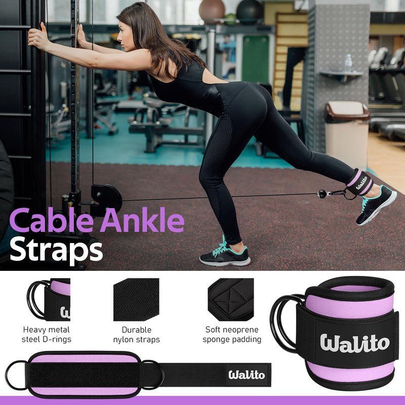 WALITO 8Pcs Barbell Pad Set for Hip Thrust - Squat Pad,Gym Accessories for Women with Bar Bad,Bench Press, with Gym Ankle Straps,Resistance Bands for Working Out,Lifting Strap,Carry Bag (Purple)