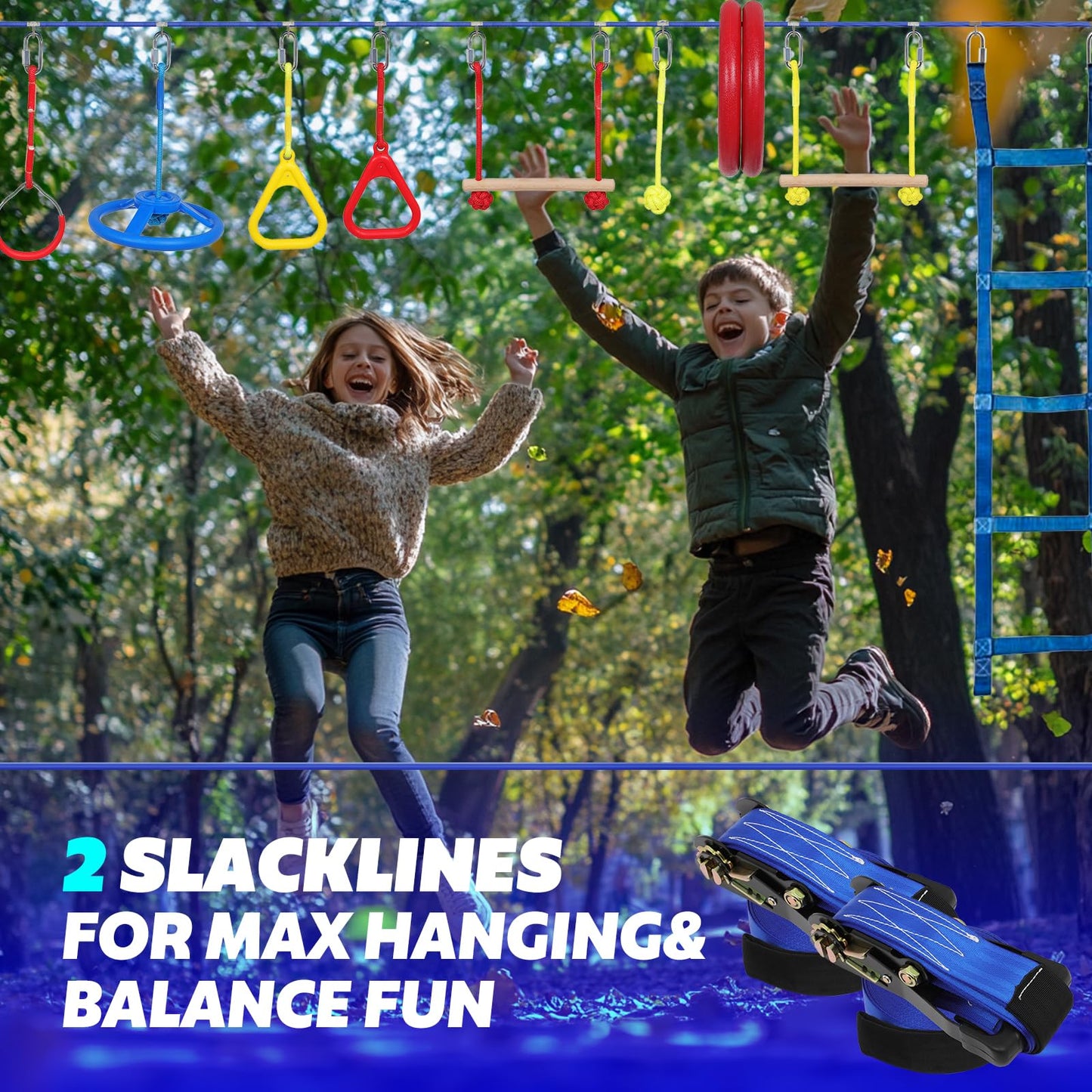 2x50 Ft Ninja Obstacle Course Kit for Kids with Slackline and 13 Fun Accessories Including Climbing Net, Rope Ladder, Monkey Bars, Ninja Obstacle Course for Kids Ages 3+ with 440lbs Weight Capacity