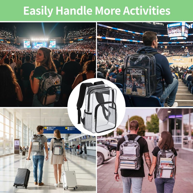 6 Pcs Clear Backpack for Stadium Events, Clear Backpack For Work, Waterproof PVC Zippered Transparent Backpack with Side Pockets, Large Capacity Backpack for Quick Security Check, 14 x 11 x 5 In