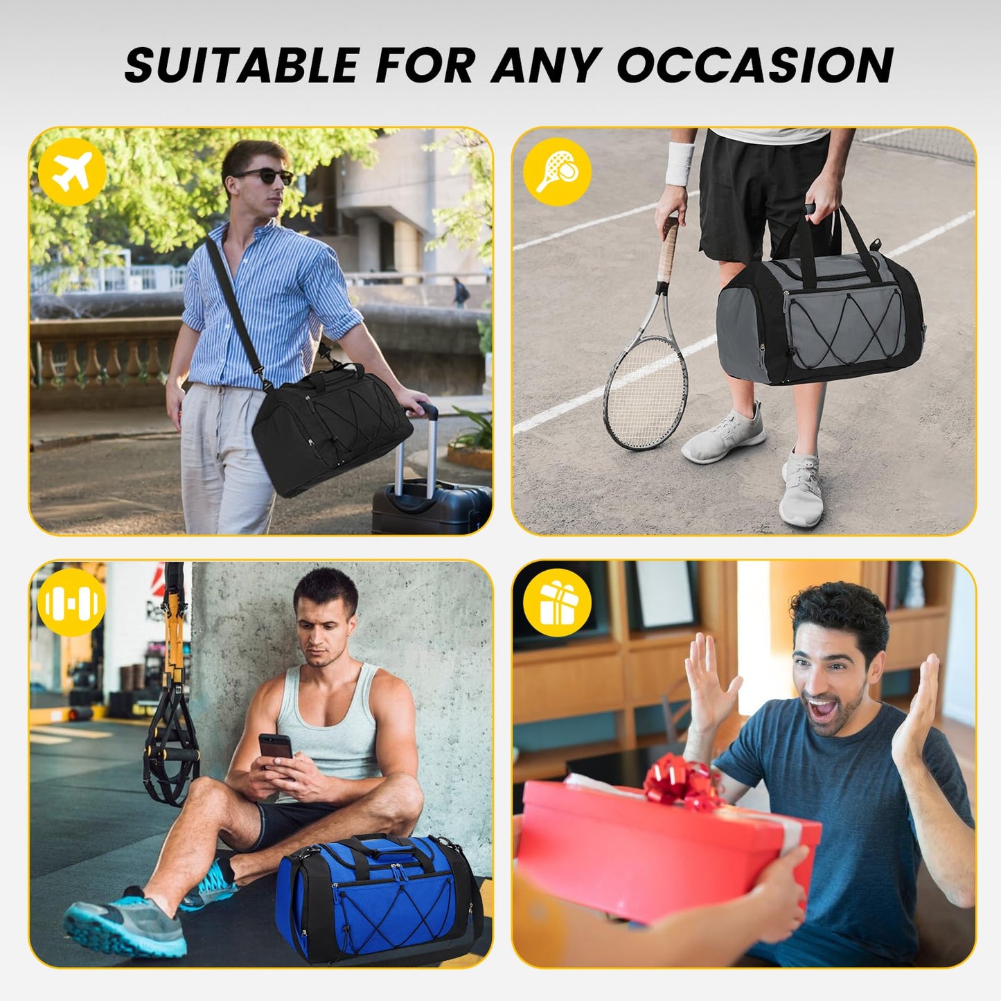 Vorspack Gym Bag for Men - 21 Inches Duffle Bag for Travel Lightweight Duffel Bag with Shoe Compartment Personal Item Travel Bag Weekender Bag for Travel Sports Gym - Grey