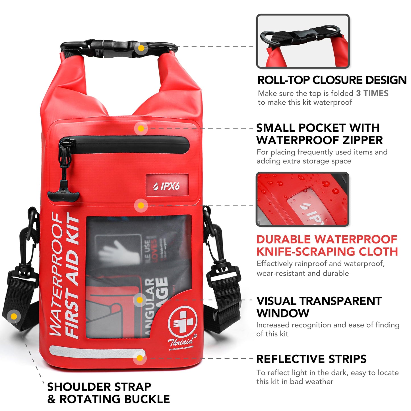 250 PCS Waterproof First Aid Kit, Roll Top Reflective Boat Dry Bag Bug Out Bag, Emergency Medical Kit Ideal for Boating, Camping, Fishing, Kayaking, Floating, Red