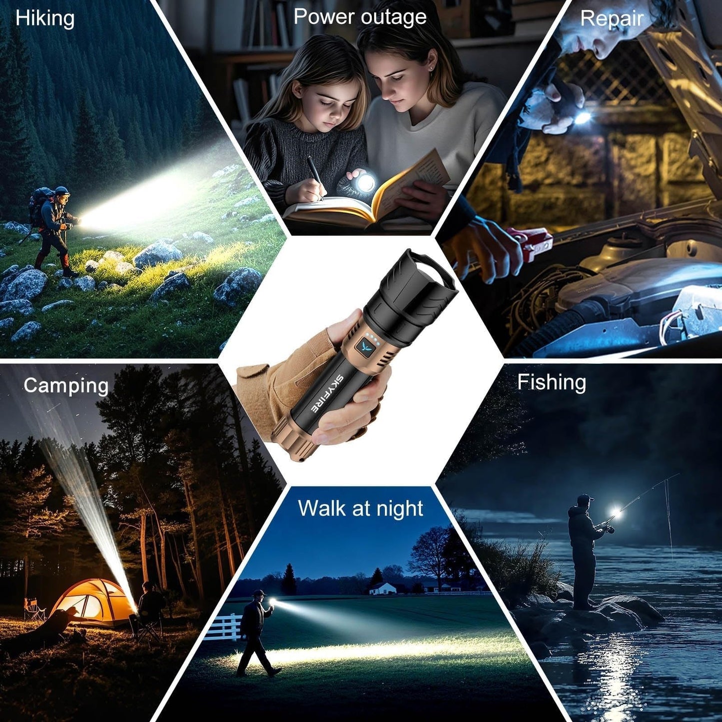 SKYFIRE Rechargeable Flashlights High Lumens,3000lm Super Bright Flashlight,Zoomable,4 Modes,Waterproof LED Flash Light for Camping Essentials,Outdoor and Home Emergencies