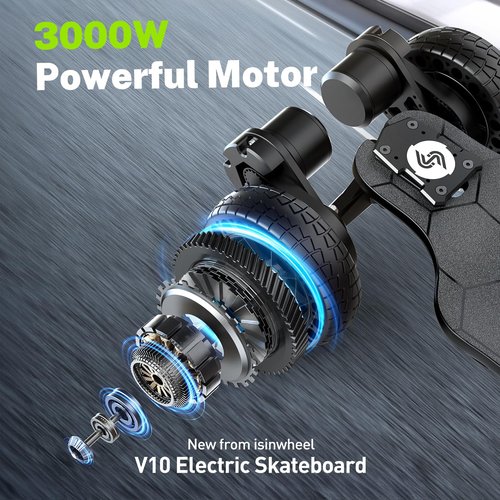 isinwheel V10 Electric Skateboard with Remote, 3000W Brushless Motor, 32 Mph Top Speed & 28 Miles Range, IP54 Waterproof, Electric Longboard Offroad for Adults &Teens with Ambient Light