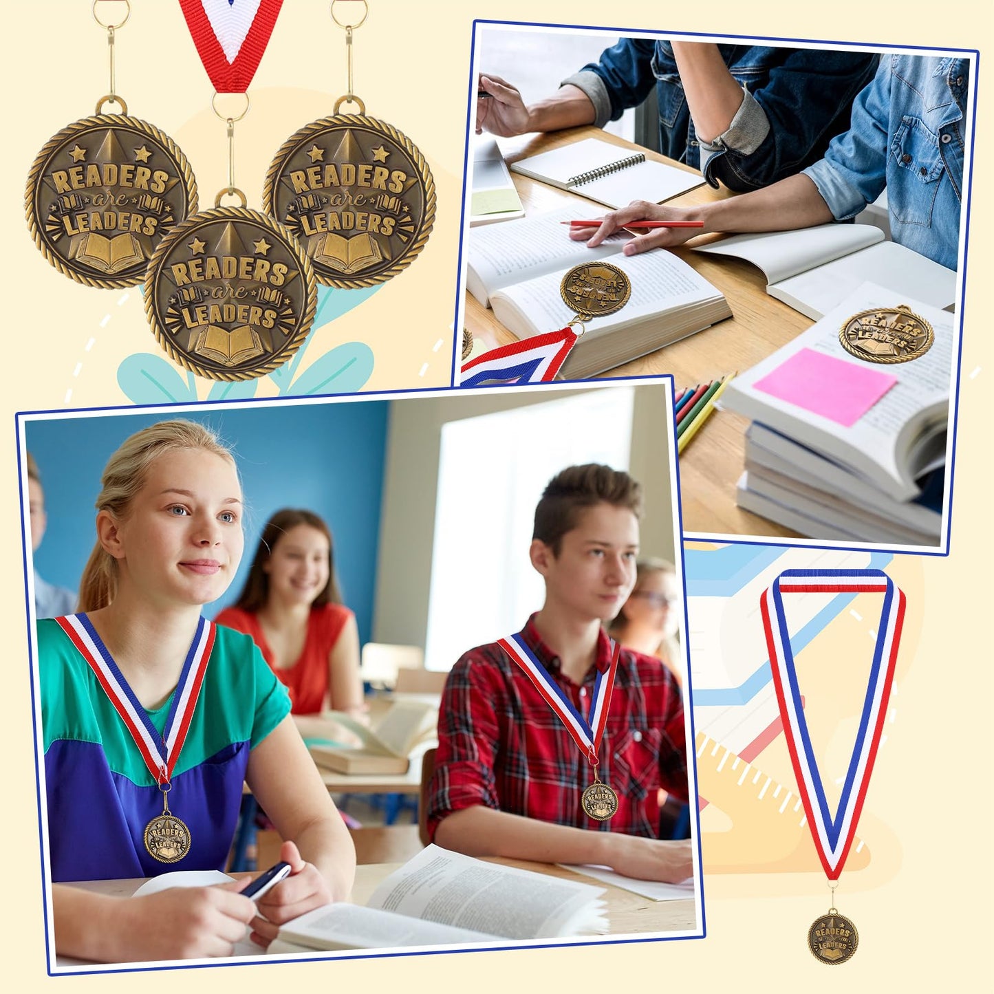 Loetere 30 Pcs Gold Award Medals Bulk 2 Inch Readers are Leaders Award Reading Medals Trophy Gift Prizes with Neck Ribbons for Scholastic Competitions Book Lovers