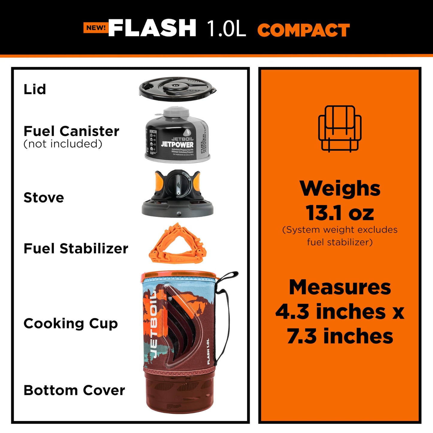 Jetboil Flash 1.0L Portable Fast Boil Stove for Camping and Backpacking with 1-Step Auto Ignition, New for 2025, Propane/Isobutane Burner with Cooking Cup, Mountainscape