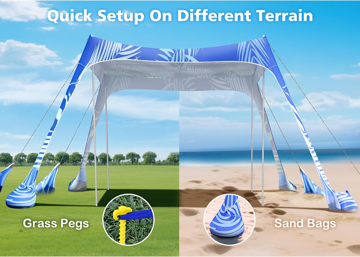 2PM SPORTS Beach Tent Canopy with UPF50+ UV Protection, Outdoor Large Beach Sun Shade Shelter for Family Picnic Camping Travel Shore Fishing, 8 Sandbags, Sand Shovel (Navy Blue, 10x10 FT)