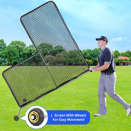 Gulfmore Portable 7x7 ft Baseball L Screen Pitching Protector Net,Pitcher Safety Protective Nets,Softball L-Screen Net with Wheels Easy to Move.