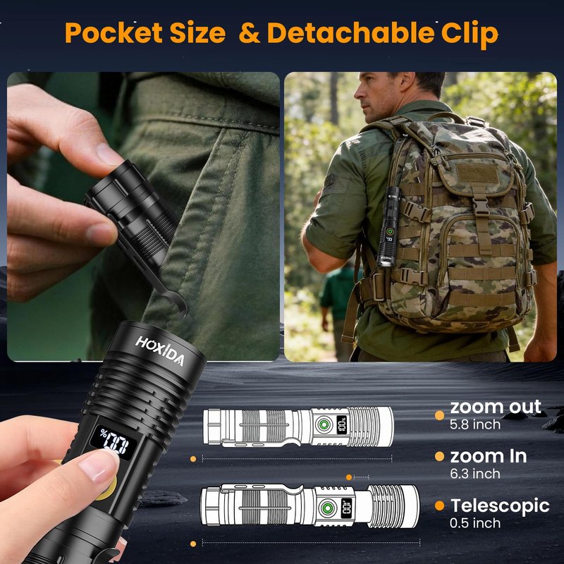 Hoxida Rechargeable Flashlights 2 Pack, 6 Modes Zoomable Powerful Tactical Linternas with LCD Digital Display, Super Bright High Lumens Handheld Magnetic Flashlights for Home Emergencies Camping