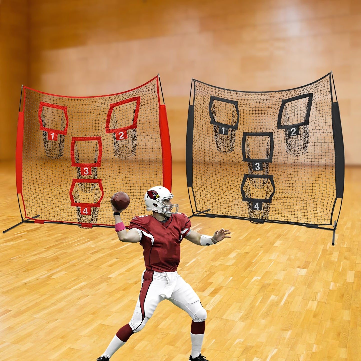 KeruRome 7 x 7ft Football Trainer Throwing Net Quarterback Training Equipment with 4 Target Pockets, Training Throwing Target Practice Football Practice Throwing Passing Accuracy Trainer