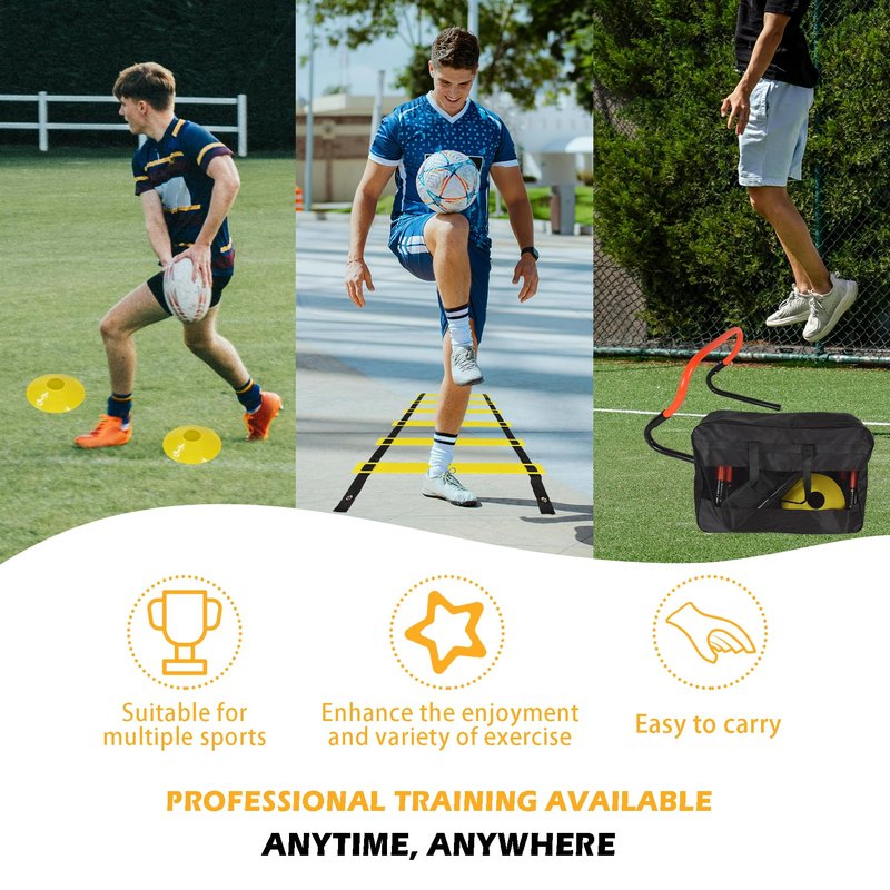 ASENVER Soccer Training Equipment Set, Multifunctional Football Gear with 4 Adjustable Hurdles 9.8 feet 6 Rungs Agility Speed Ladder (Orange)