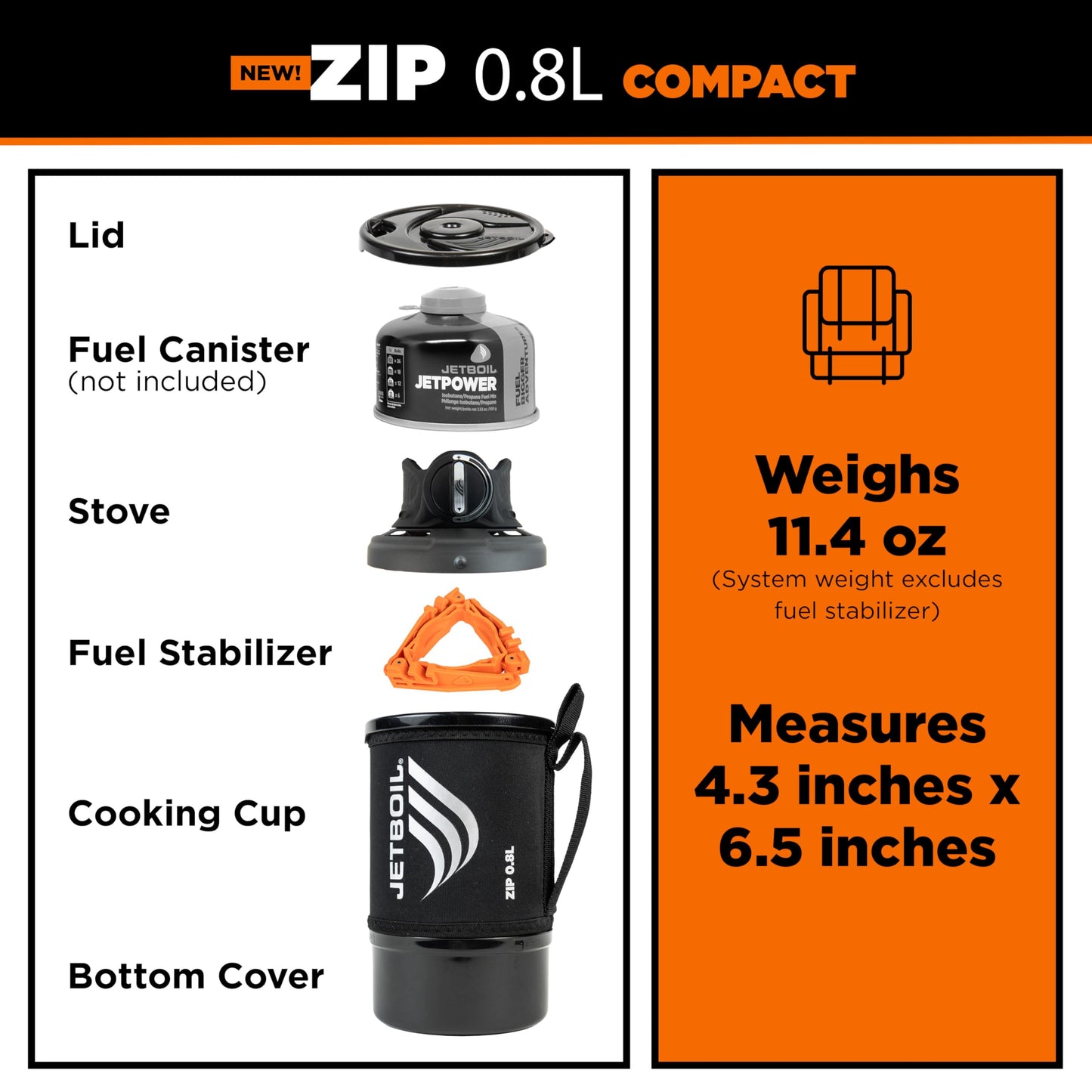 Jetboil Zip 0.8L Portable Fast Boil Stove with Easy-Turn Knob Igniter for Backpacking and Camping, New for 2025, Propane/Isobutane Burner with Cooking Cup