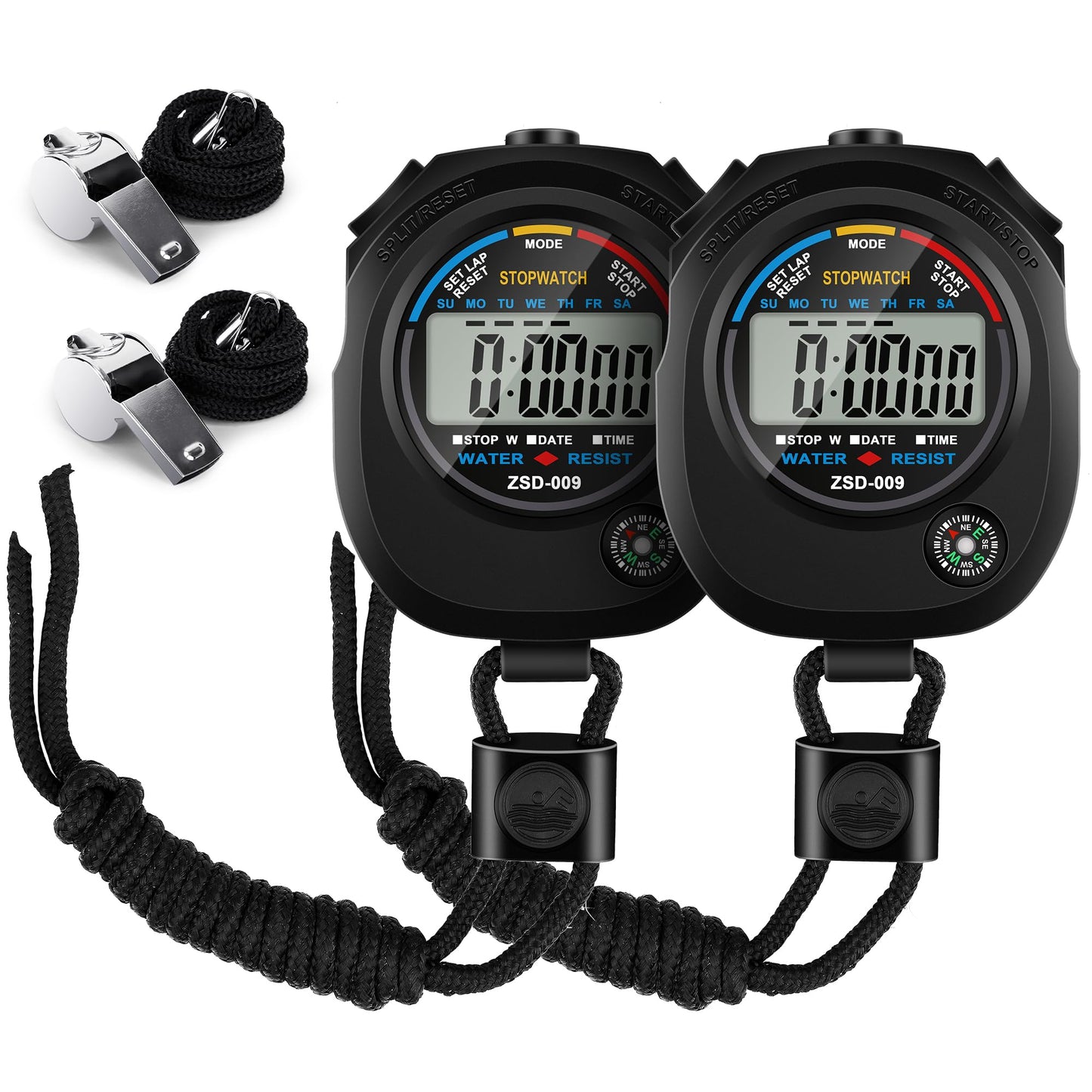 2 Pack Digital Stop watch Timer with 2 Whistle Set | Waterproof Stopwatch with Large Display Date, Time & Alarm | Sports Stopwatch for Swimming, Running and Fitness | Perfect for Coaches | Black