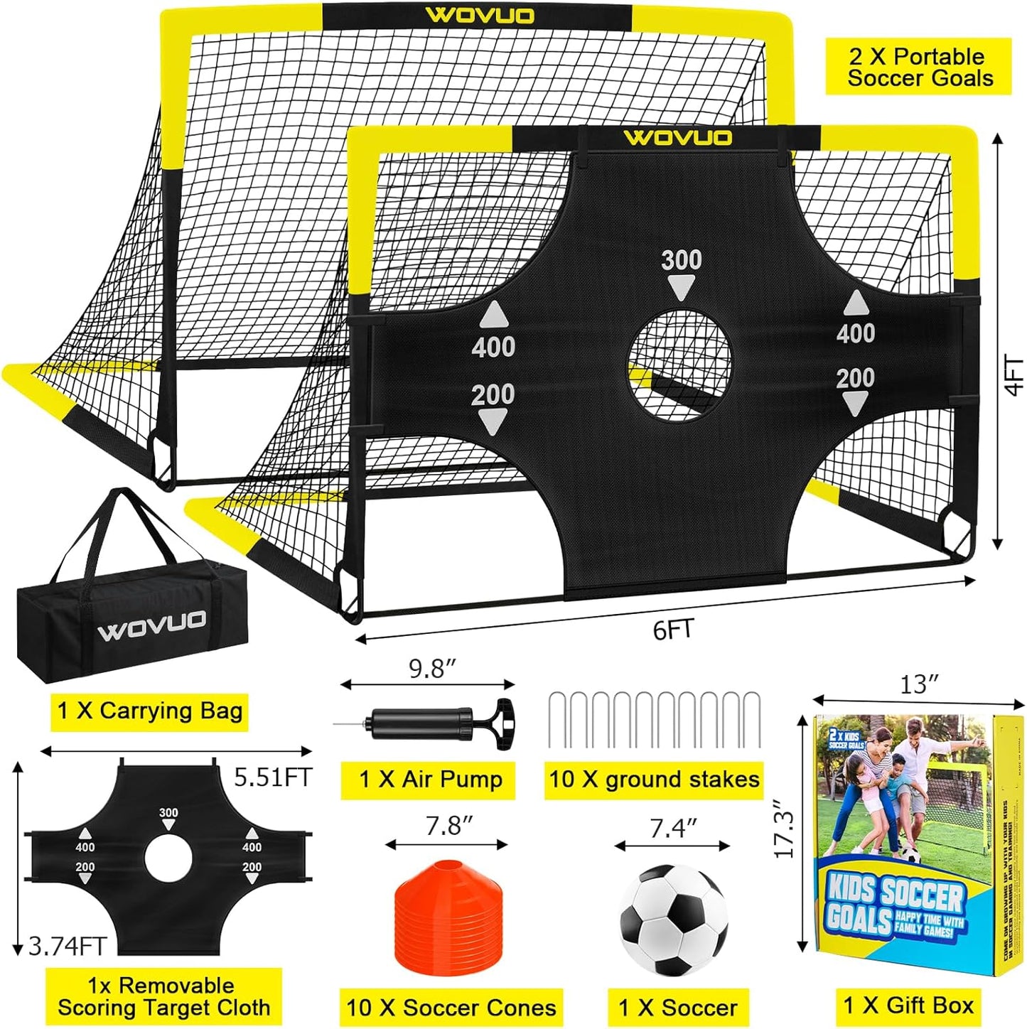 Kids Soccer Goals for Backyard Set of 2, 6x4 ft Portable Toddler Soccer Goal Training Equipment with Soccer Target, Ball, Cones, Soccer Net for Kids Age 3-5 6-8 8-12 10-12-14 Outdoor Sports Games Gift