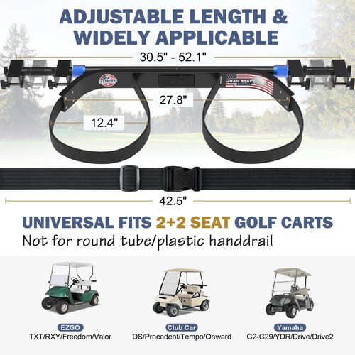 Clyvira Golf Cart Bag Holder Bracket – Lightweight & Sturdy, No Drilling Required, Adjustable Attachment for EZGO, Club Car, Yamaha 2+2 Rear Seats with 1-Inch Square Tube