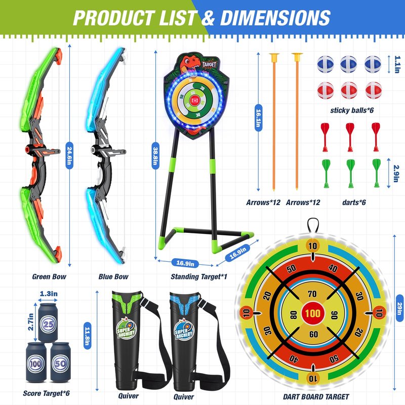 HYES 2 Pack Kids Bow and Arrow with 29" Large Dart Board, LED Light Up Archery Set with 24 Suction Cup Arrows, Indoor Outdoor Sport Toys Gifts for 3 4 5 6 7 8 9 10 11 12 Year Old Boys Girls