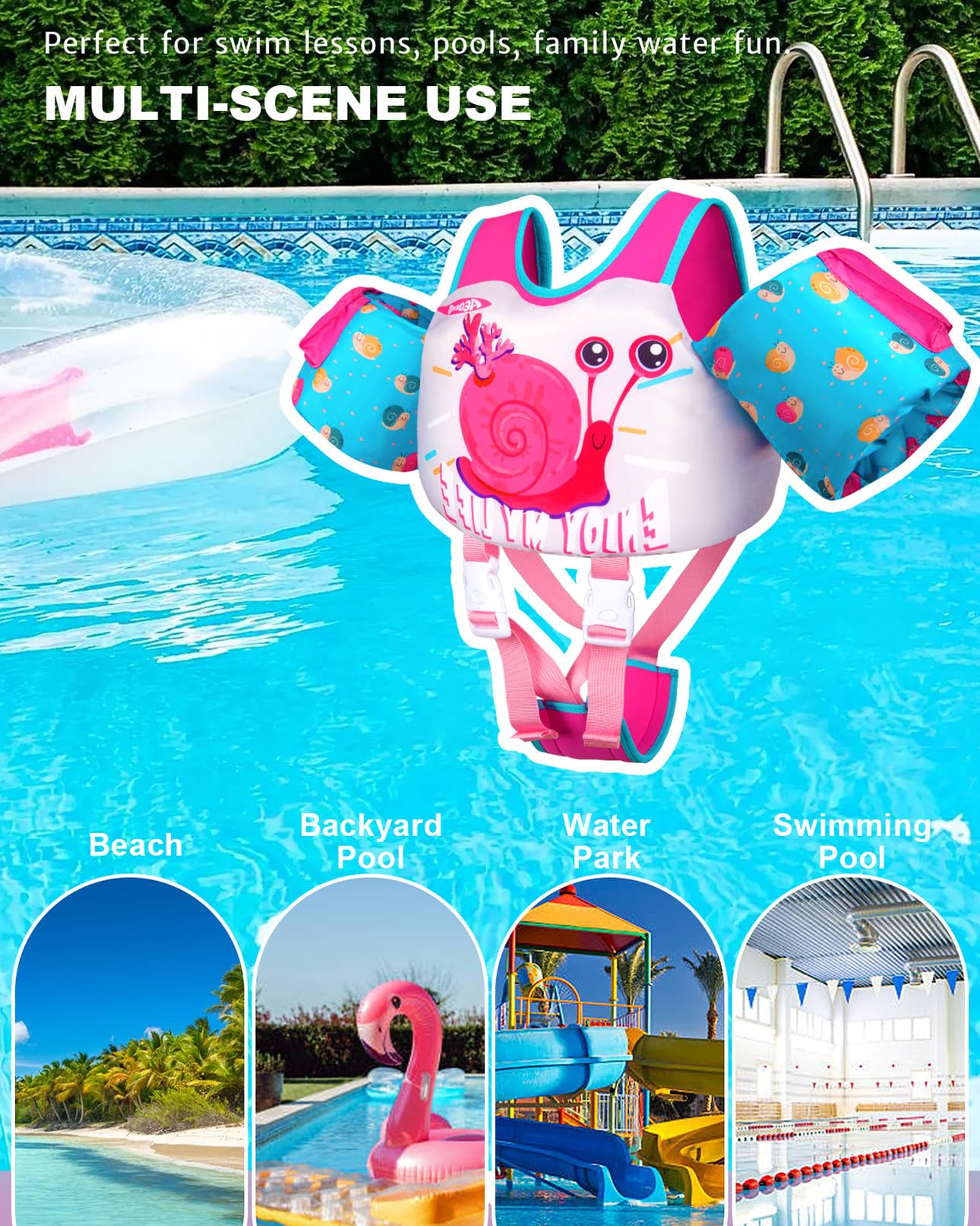 Toddler Swim Vest for 2-7Y, 20-50 lbs, Kids Floaties with Shoulder Harness & Adjustable Crotch Strap & Arm Water Wings for Boys and Girls, Snail