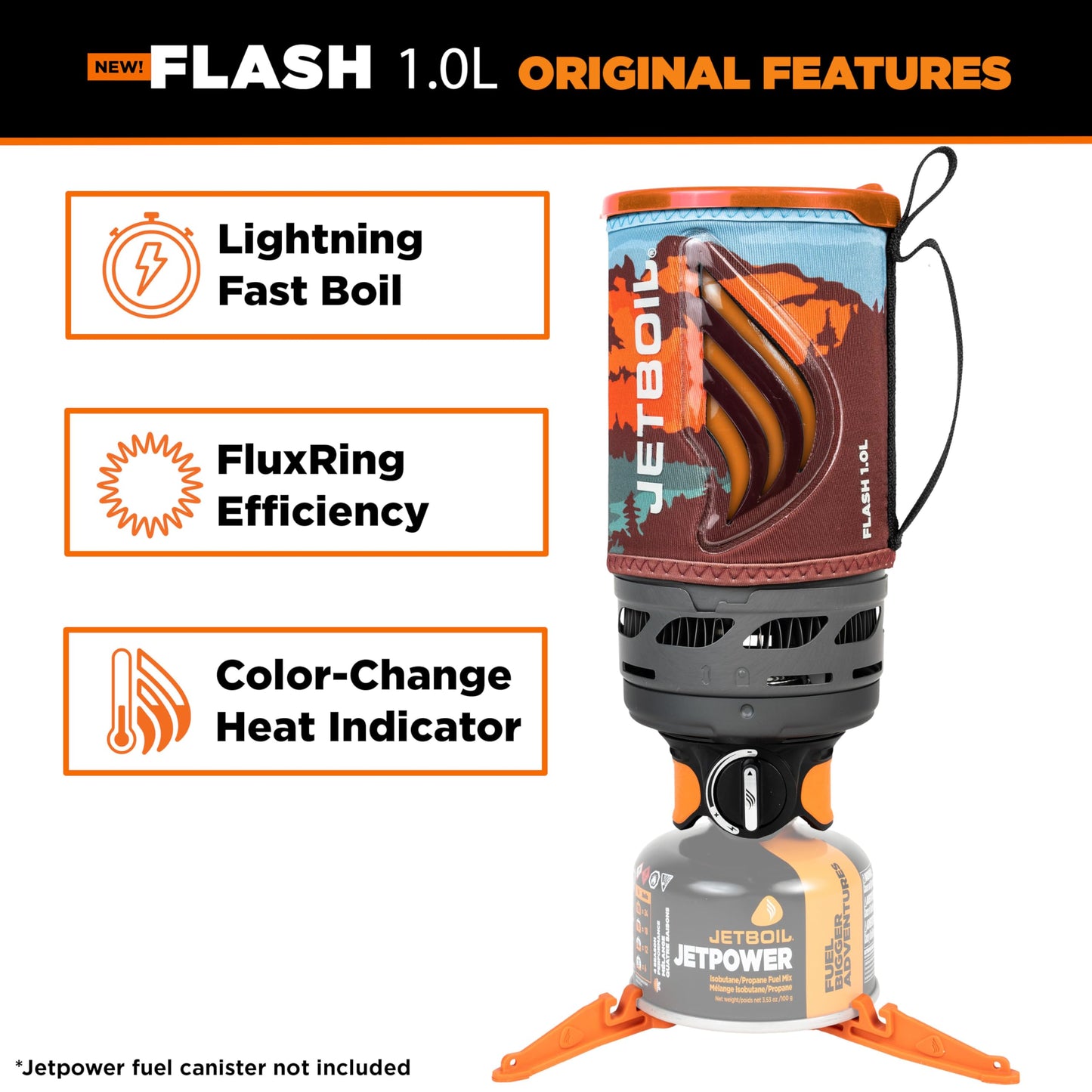 Jetboil Flash 1.0L Portable Fast Boil Stove for Camping and Backpacking with 1-Step Auto Ignition, New for 2025, Propane/Isobutane Burner with Cooking Cup, Mountainscape