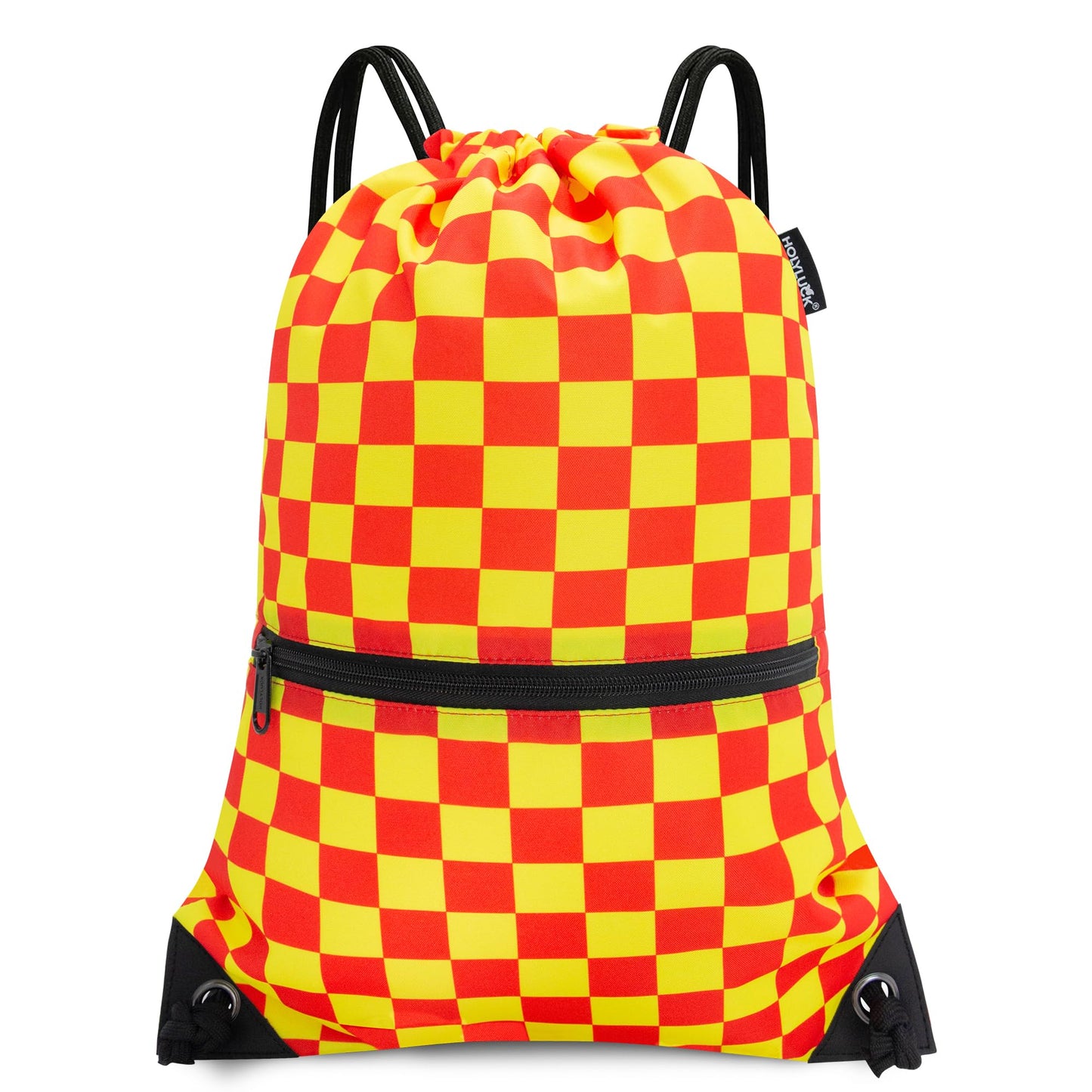 HOLYLUCK Drawstring Backpack Bag Sport Gym Sackpack (yellow and red grid)