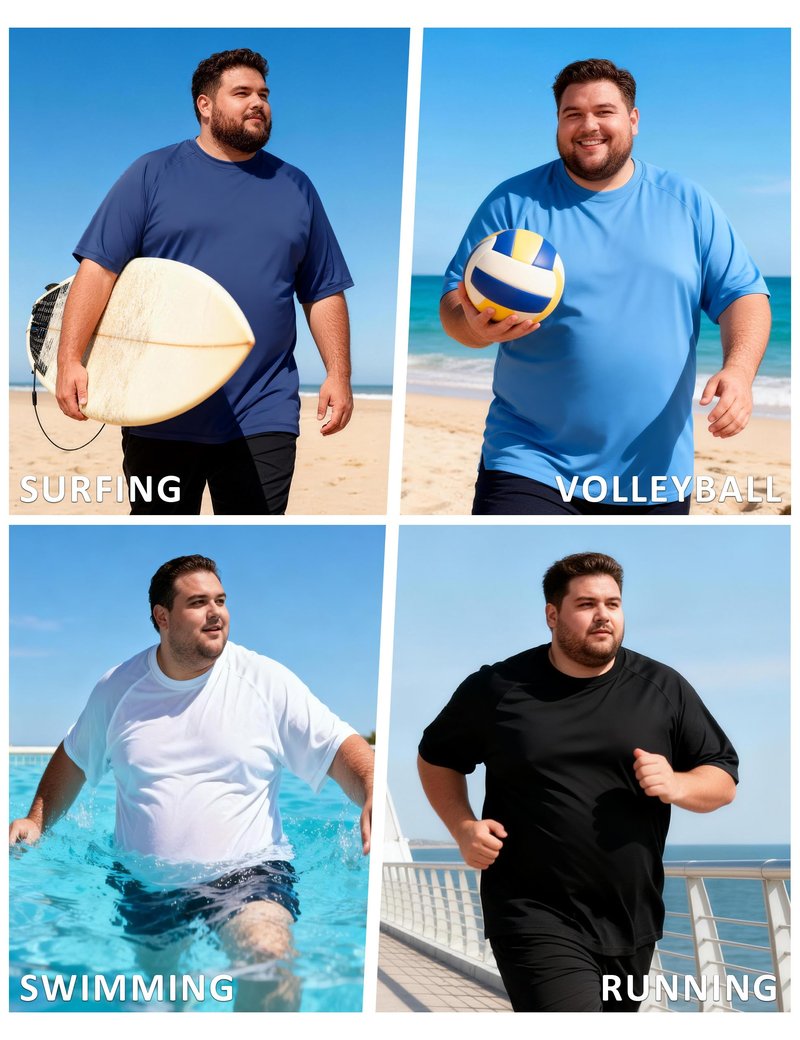 Men's Big and Tall Swim Shirts, UPF 50+ Sun Protection Short Sleeve Rash Guard, Quick Dry T-Shirt for Beach and Surfing