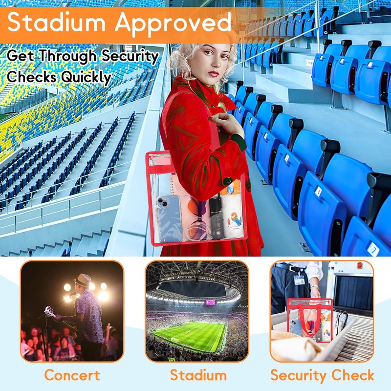 Hoiny Clear Bag for Stadium Events Approved, 12x6x12 Large Transparent Tote Bag with Zipper for Gym Concert Sports Festivals (Red)