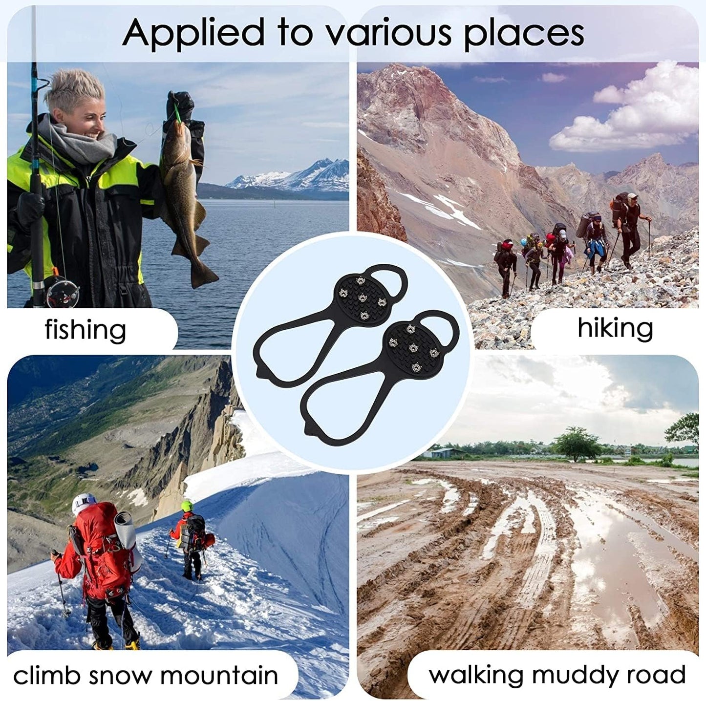 2 Pairs Non Slip Gripper Spike, Ice Grippers Traction Cleats Snow Shoe Spikes Grips Crampons with 10 Steel Studs Cleats