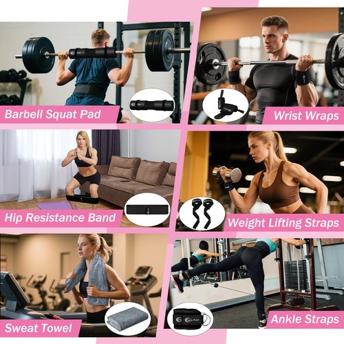TRACE KASA Barbell Pad Set: Hip Thrusts Pad for Squats Ankle Straps for Cable Machines Women Men Hip Resistance Band Weight Lifting Straps Wrist Wraps Gym Equipment Accessories, Pink
