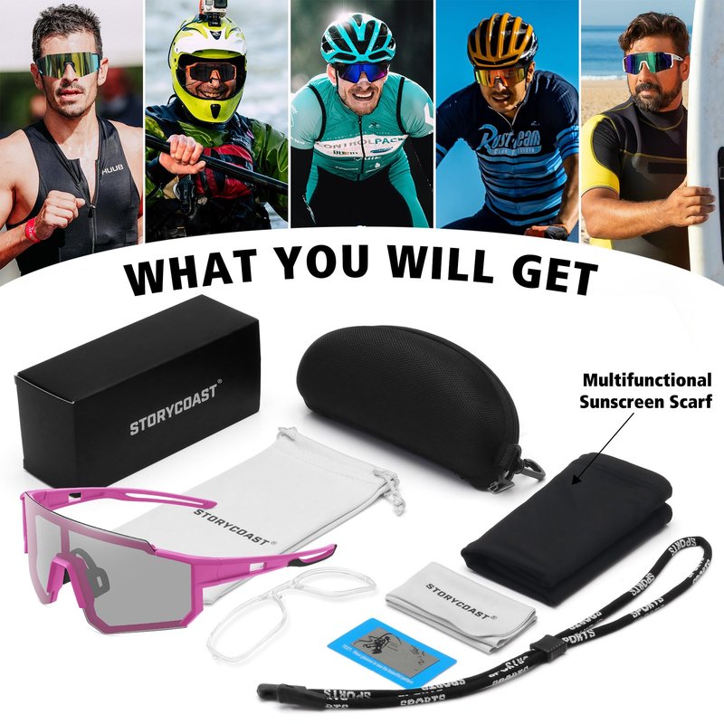 STORYCOAST Polarized Sports Sunglasses for Men Women,Driving Fishing Cycling Mountain Bike Sunglasses UV400 Protection Pink Frame-photochromic Lens
