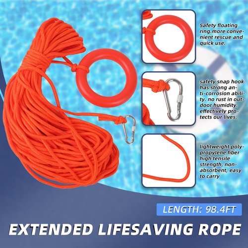 Calvana 20" Foam Life Preserver Ring with 98.4ft Floating Lifesaving Rope, Throwable Flotation Device, Pool Safety Float, for Buoy and Swimming Decoration, Boat Safety Equipment