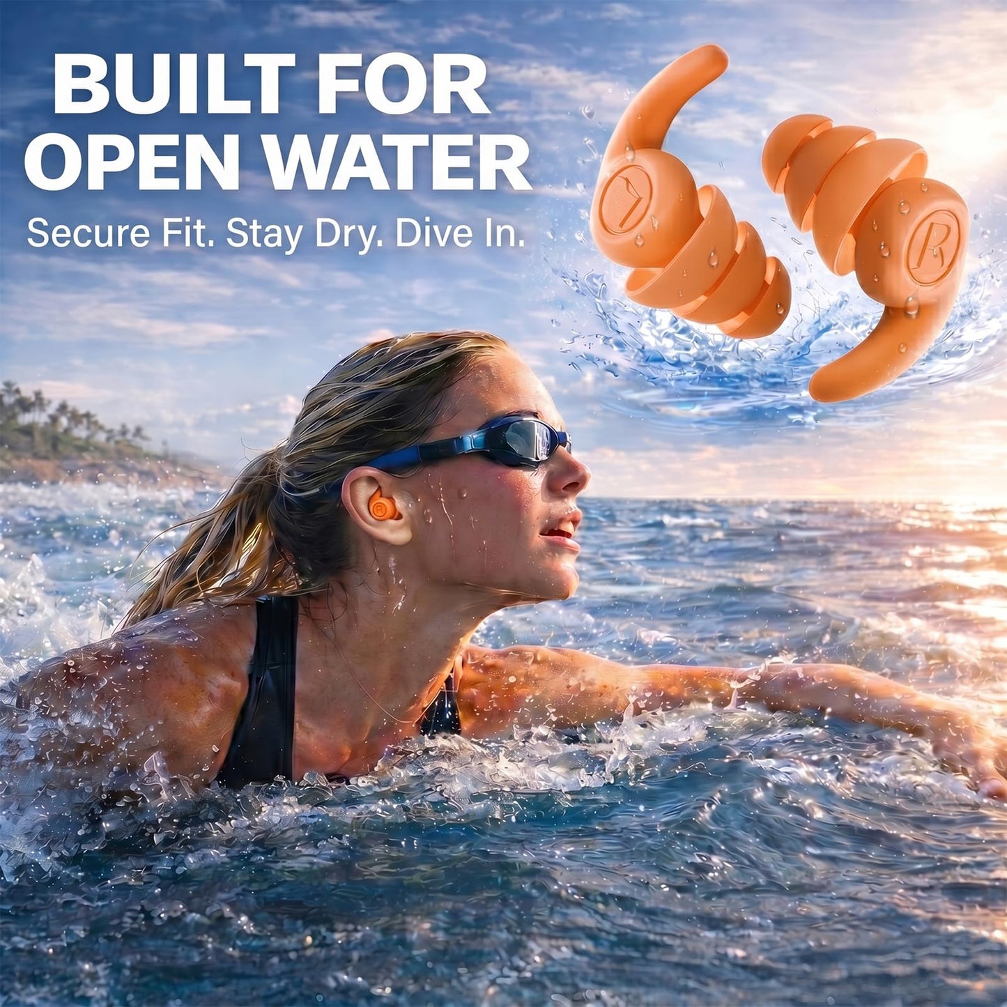 Waterproof Swimming Ear Plugs for Adults, 3 Pairs Reusable Silicone Swimmer Earplugs, Ear Protection for Showering Swimming Bathing Surfing and Other Water Sports