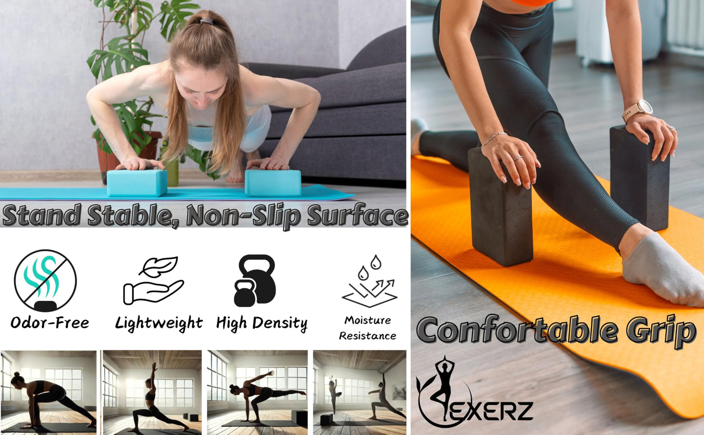 Exerz Yoga Blocks 2 Pack EVA Foam Gym Bricks Pilates Stretch Gray