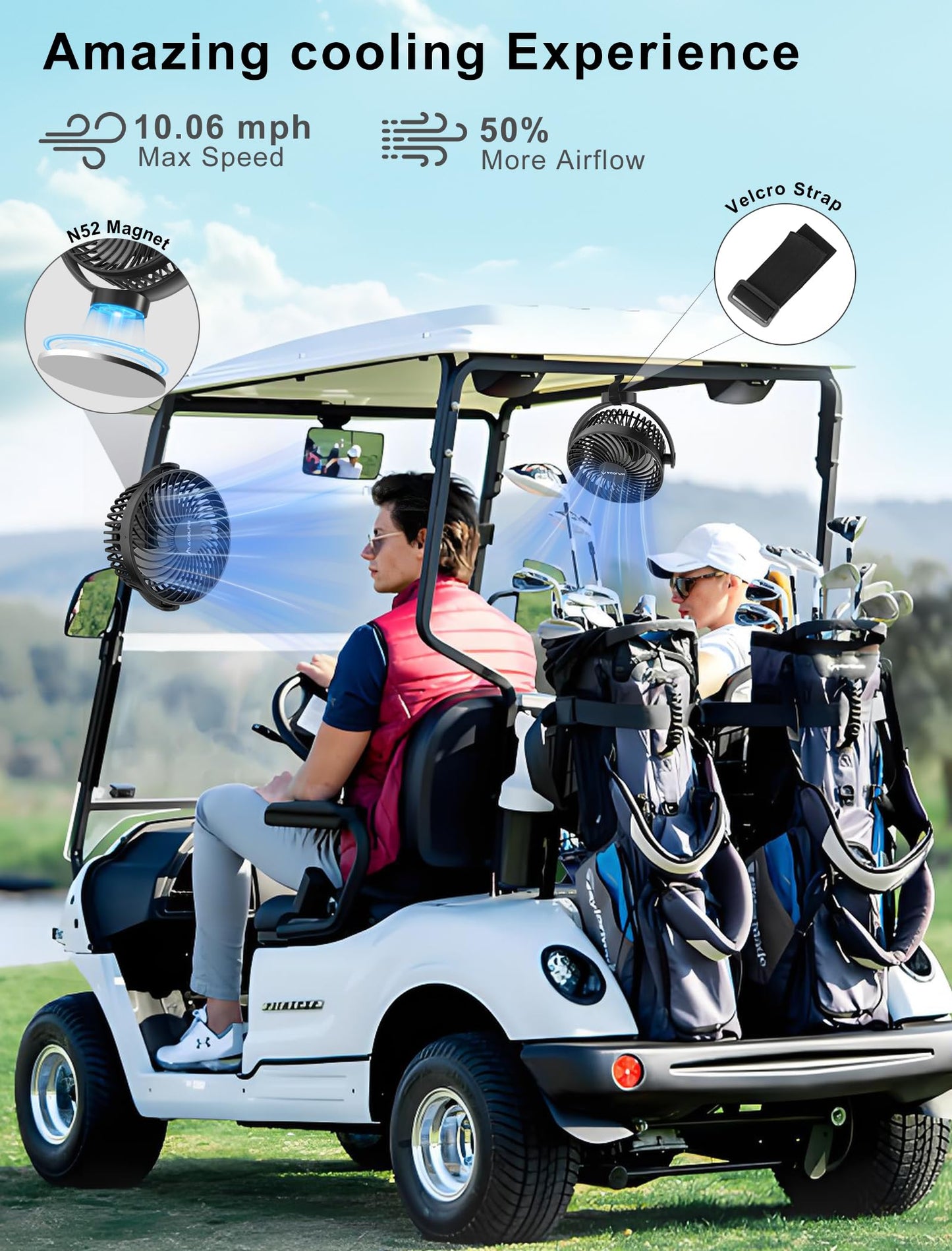 2-Pack Magnetic Golf Cart Fan Rechargeable, 12000mAH Battery Operated Portable Fan with 3 Speeds, LED Lantern, Magnetic Base, Suitable for EZGO Club Car Yamaha, Golf Cart & Cruise Ship Accessories