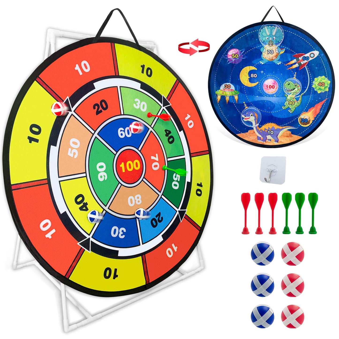 29’’ Large Dart Board for Kids, Space Dinosaur Double Sided Kids Dart Board, Dart Board with Balls for Kids, Outdoor Sports Fun Party Game Kids Toys, Gift for 3-12 Years Old Boys and Girls