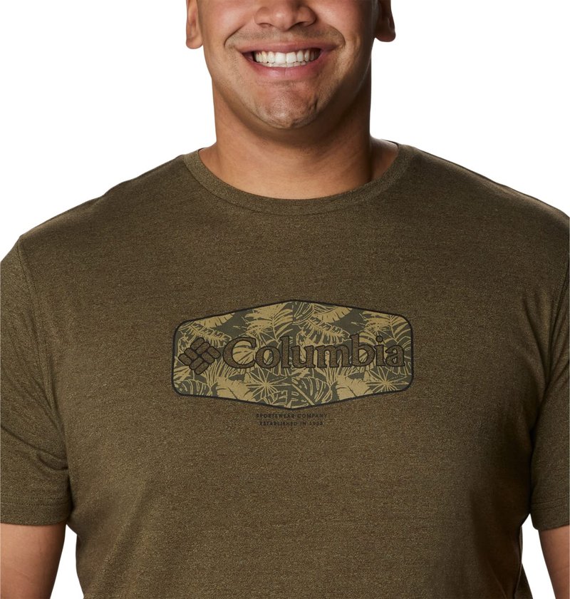 Columbia Men's Thistletown Hills Graphic Short Sleeve, Olive Green Heather/Wanderland Graphic, Medium