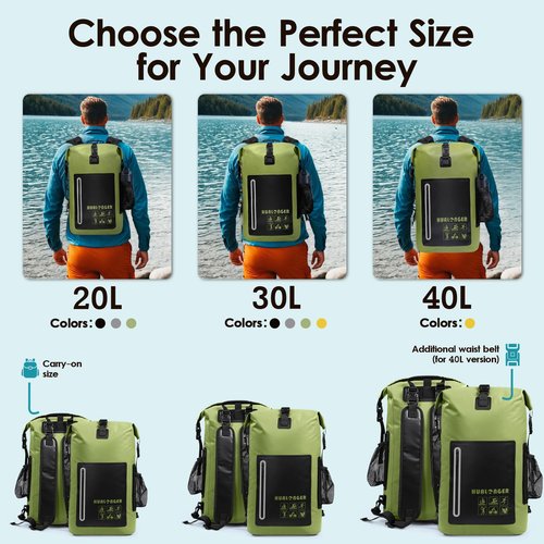 Hualonger Waterproof Backpack 20L/30L/40L- Roll Top Closure Bag - Hiking Backpack - Lightweight Durable Floating Dry Bag with IPX8 Waterproof Phone Case