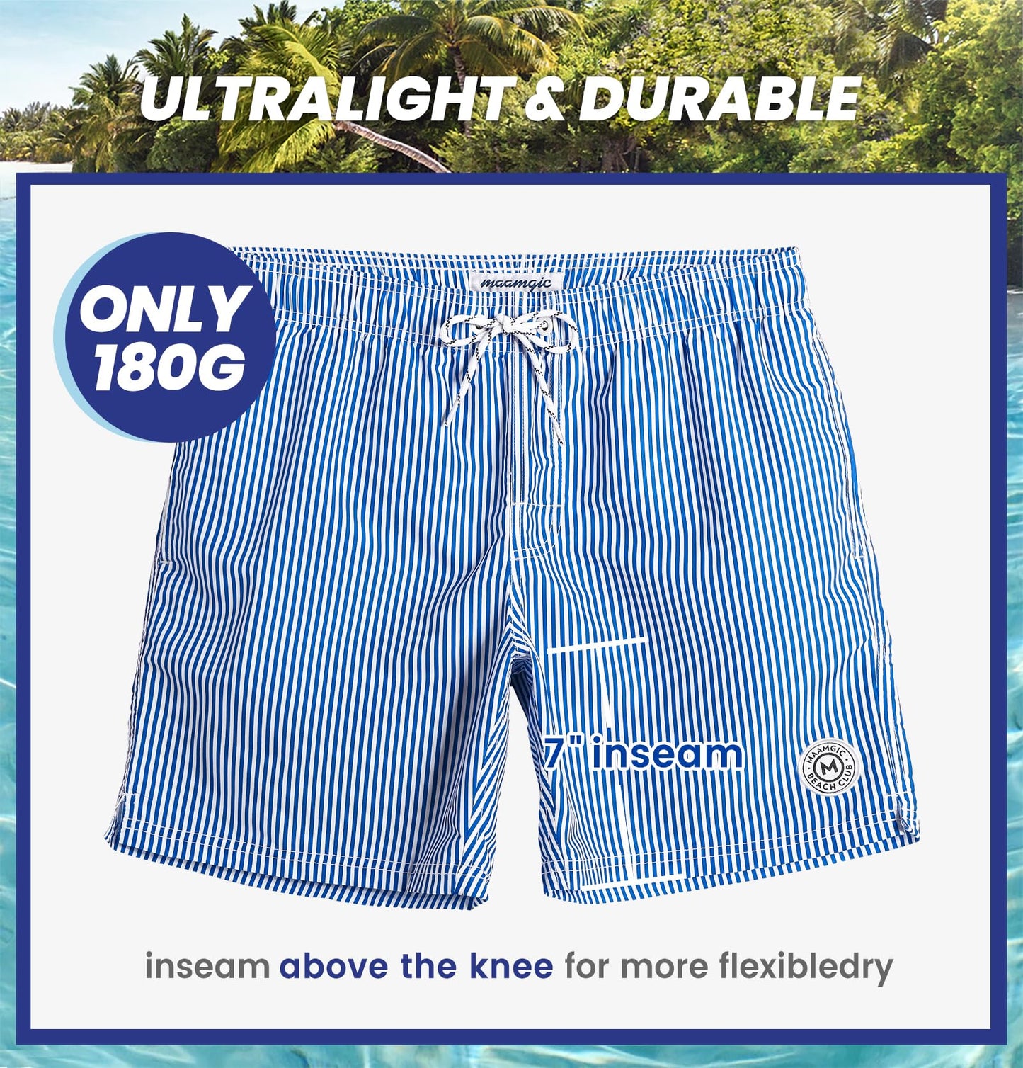 maamgic Mens Swim Trunks Quick Dry Swim Shorts with Mesh Lining Funny Swimwear Bathing Suits 7inch Blue Striped Small