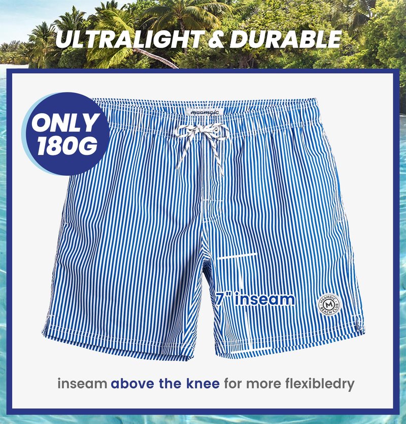 maamgic Mens Swim Trunks Quick Dry Swim Shorts with Mesh Lining Funny Swimwear Bathing Suits 7inch Blue Striped Small