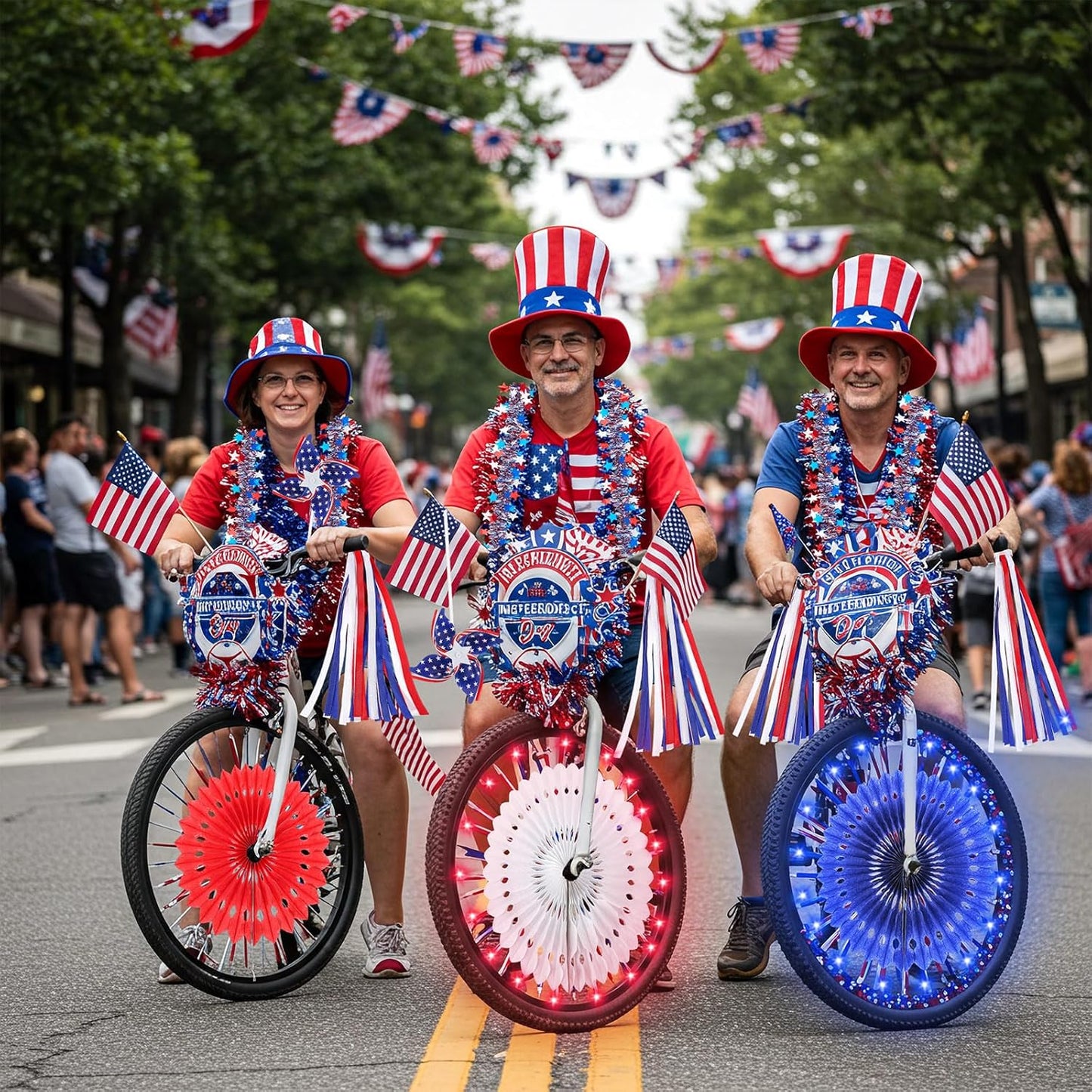 17pcs 4th of July Bike Decorations Patriotic Bicycle Decor Set Bike Wheel Lights LED Star String Light Tinsel Garland Streamer USA Flags Banner Independence Day Kids Bike Parade Red White Blue