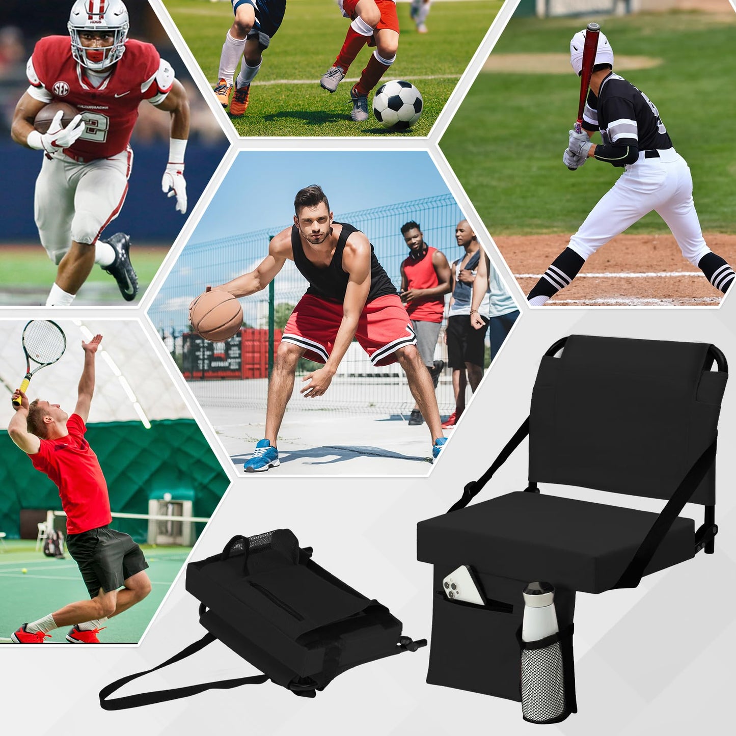 ACIPENSER 2pcs Stadium Seat for Bleachers with Back Support,Portable Bleacher Chairs with Back and Cushion,Includes Shoulder Strap and Cup Holder,Black