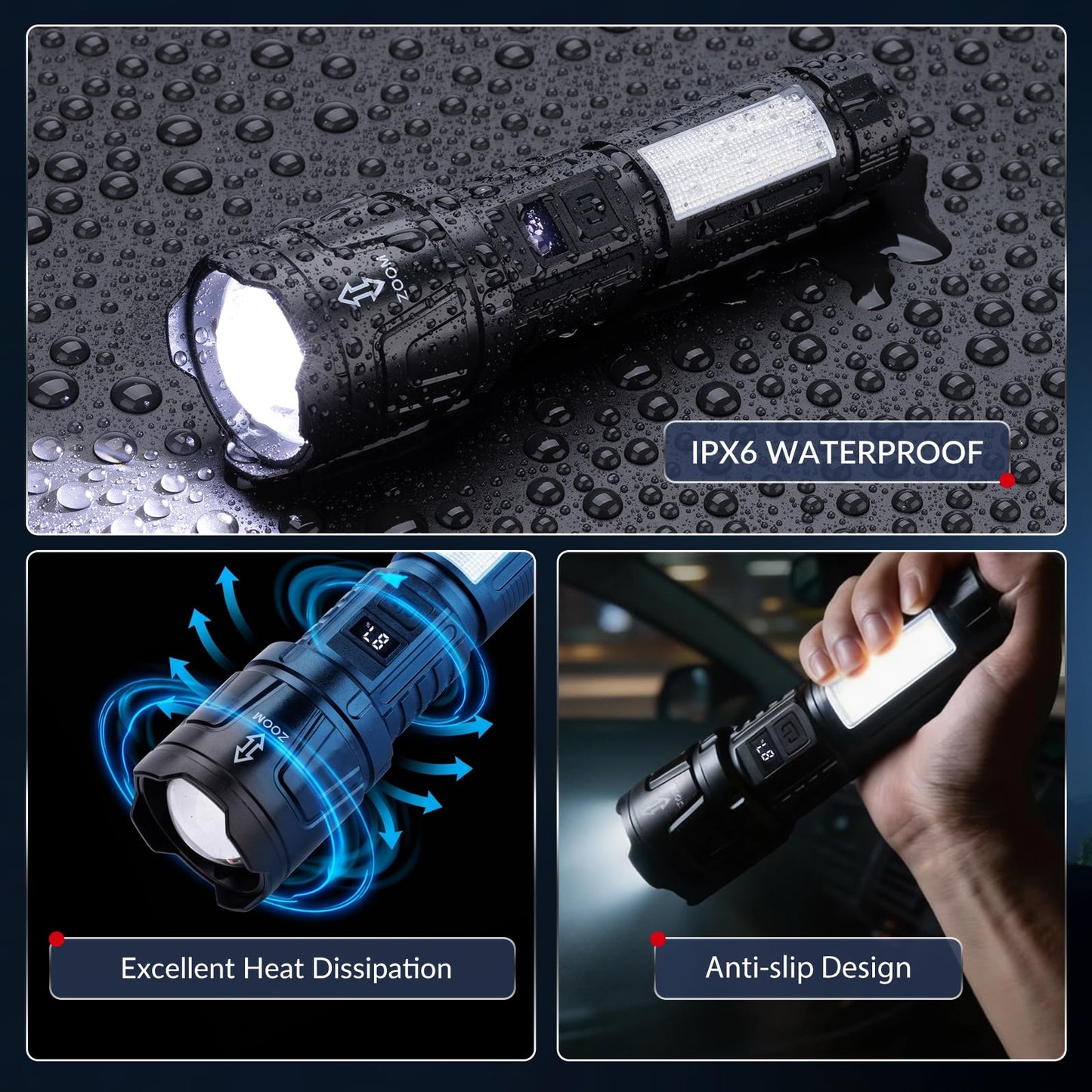 Ewenele Flashlights High Lumens Rechargeable 2 Packs, 1,500,000L Super Bright Flashlight, Led Tactical Flash Light with 6 Modes, Cob Side Light, Digital Display for Home, Outdoor, Camping, Emergency