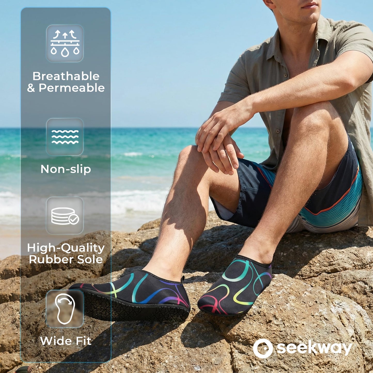 SEEKWAY Water Shoes Women Men Adult Quick-Dry Aqua Socks Barefoot Non Slip for Beach Swim River Pool Lake surf Black Size SK002
