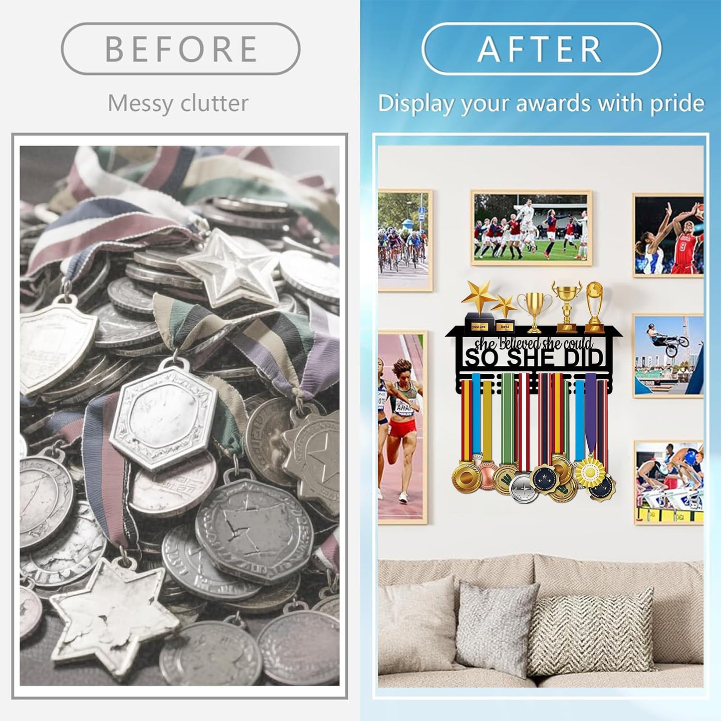 Resama Fashion Medal Hanger Holder Display Wall Rack Frame Shelf-Black Metal Medal Hanger with Trophy Shelf Awards Ribbon Cheer,Gymnastics,Soccer Easy to Install