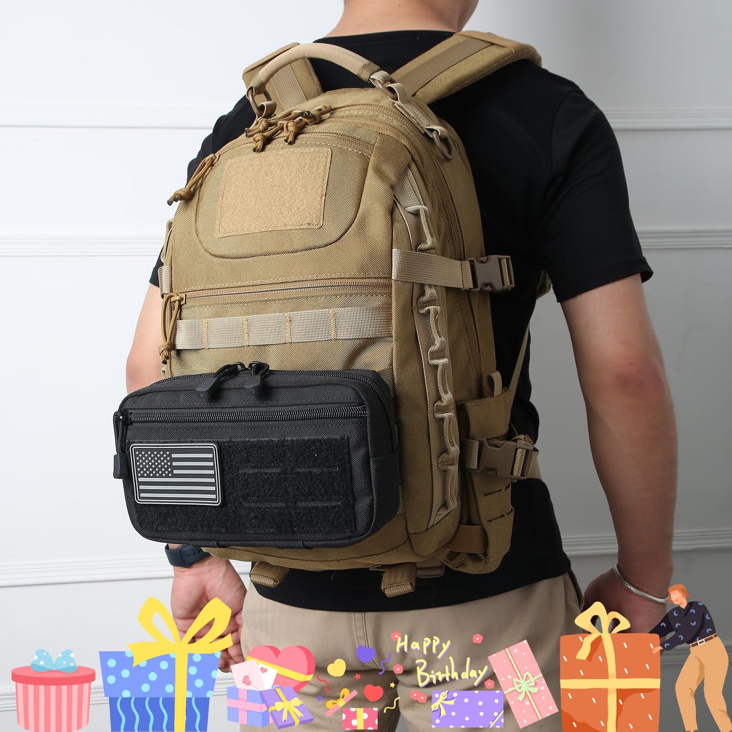 2 Pack Tactical Molle Admin Pouch with US Flag Patch and Keychain - Utility Laser Cut Tactical EDC Tool Pouch Bag Horizontal Modular Pouches Utility Tool Pouch (Black)