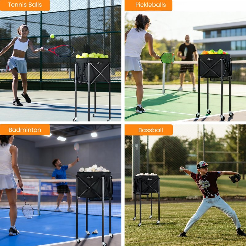 ShelfElites Portable Tennis Ball Hopper & Pickleball Basket, Foldable Tennis Ball Cart with Storage Bag, Multi-Sport Ball Collector for Training & Practice (Big)