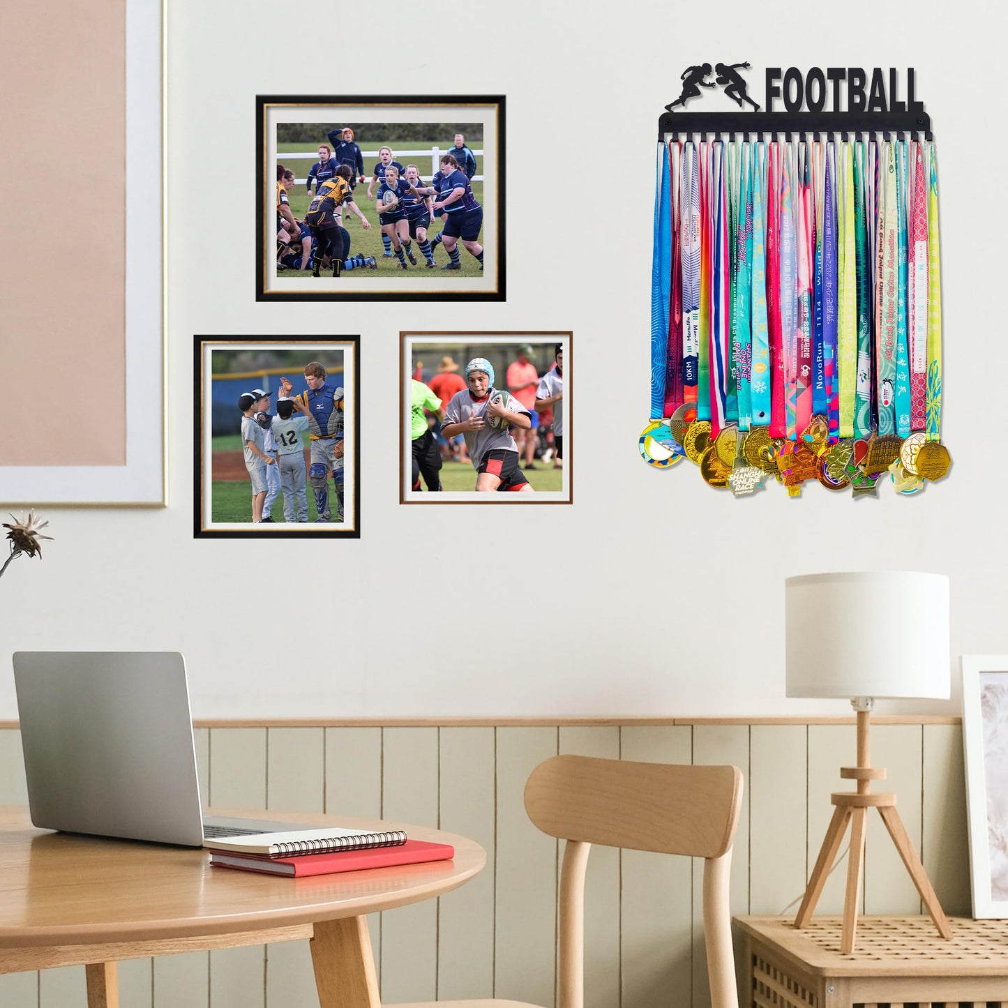 Goutoports Personalized Football League Medal Display Hanger Holds Up 60 Medals Durable Metal Holder Awards Organize Rack Kids Sports Badge Ribbon Hanger for Wall Decor Gifts for Athletes